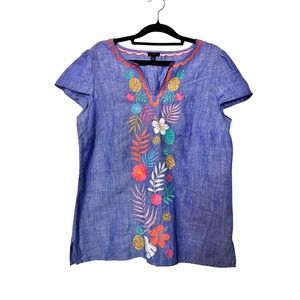 Talbots Blue Linen Blend Tropical Embroidered V-Neck Tunic Top Size S
